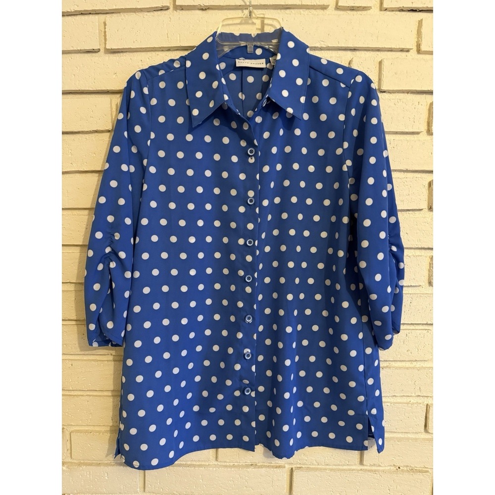 Susan Graver Polka Dot Blouse~Sz XS~Blue~Ruched 3/4 Sleeves~ Button‎ Up Top